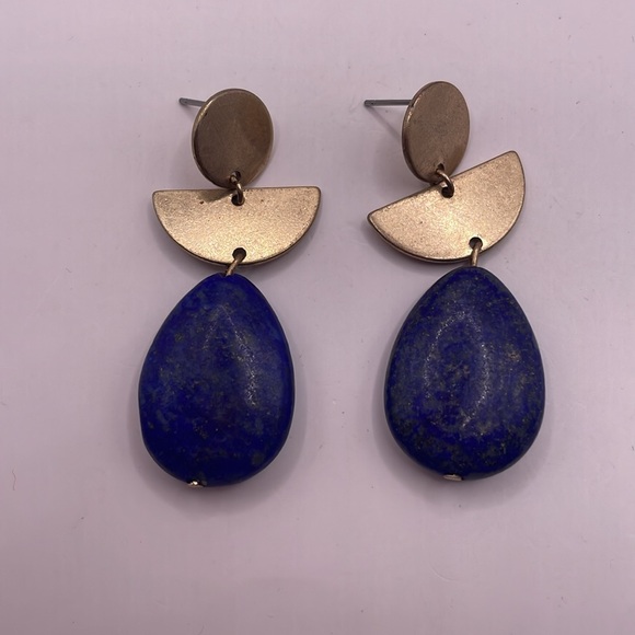 Vintage Gold Tone Blue Beaded Dangle Drop Statement Earrings - Picture 2 of 3